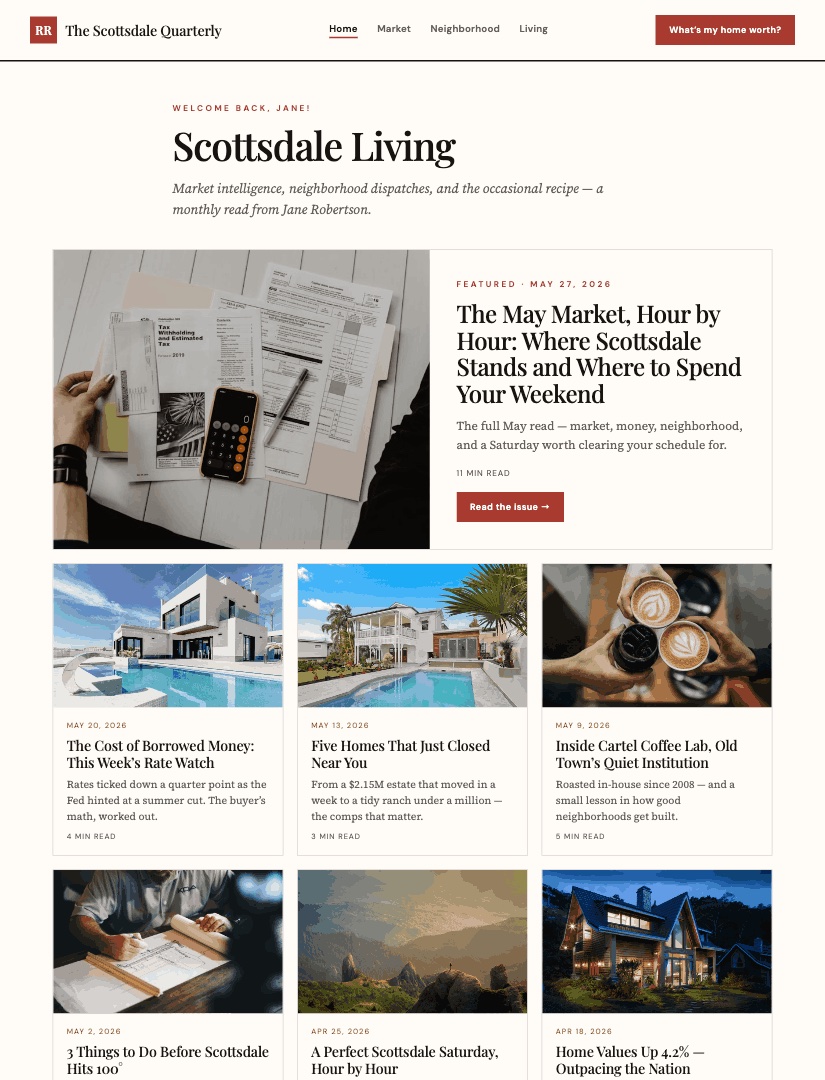 The agent's blog home page, kept fresh by every email