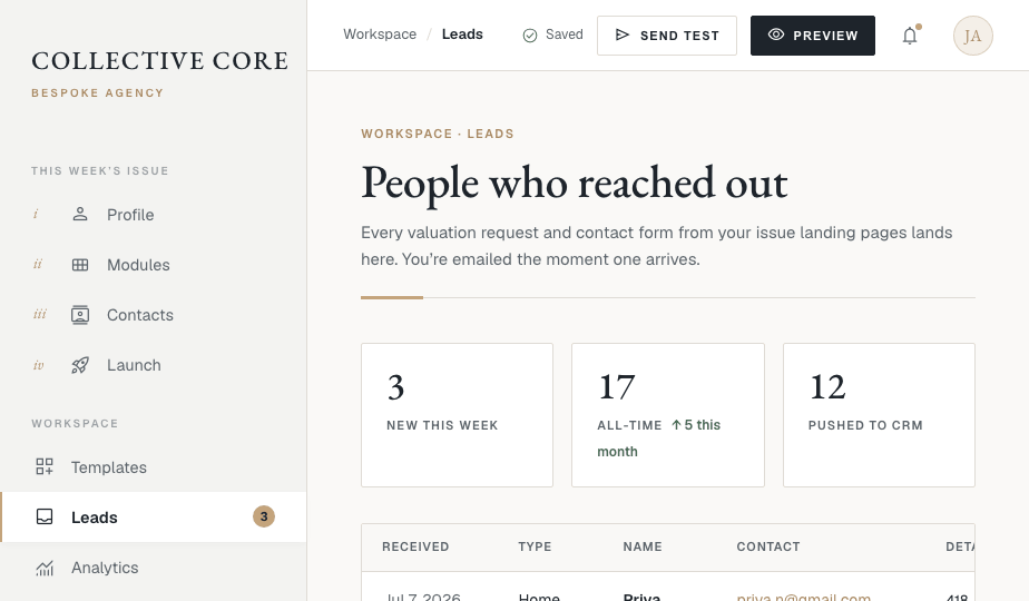 The leads inbox: people who reached out, with CRM push status