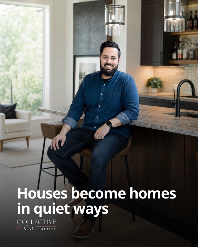 Real Social Studio card: the agent at a kitchen island with the line Houses become homes in quiet ways