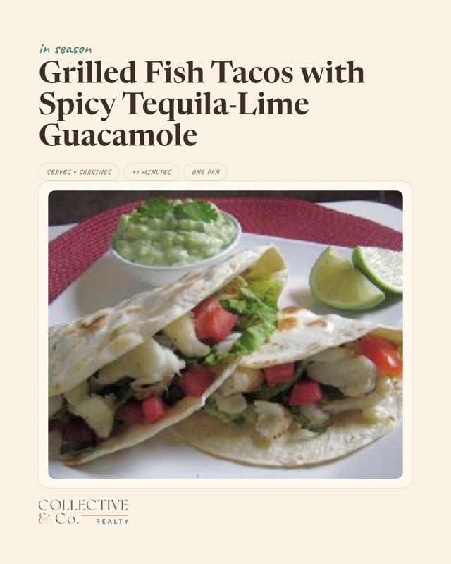 Real Social Studio card: a seasonal recipe for grilled fish tacos with a photo of the finished dish